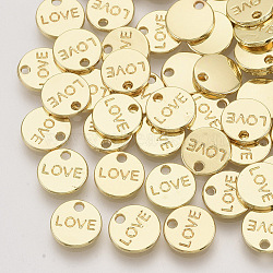 Alloy Charms, Flat Round with Word Love, Light Gold, 9x1.5mm, Hole: 1.4mm(PALLOY-S121-185)