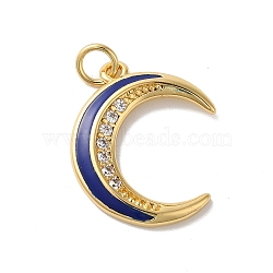 Moon Rack Plating Brass Micro Pave Cubic Zirconia Enamel Pendants, with Jump Rings, Cadmium Free & Lead Free, Long-Lasting Plated, Real 18K Gold Plated, Dark Blue, 20.5x17.5x2mm, Hole: 3.5mm(KK-G504-06G-06)