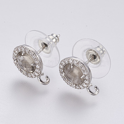 Faceted Glass Stud Earring Findings, with Loop, Brass Micro Pave Cubic Zirconia Findings, Flat Round, Platinum, Dark Gray, 12x9x4mm, Hole: 1.2mm, Pin: 0.8mm(GLAA-F084-B06)