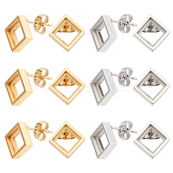 6 Pairs 2 Colors 304 Stainless Steel Stud Earring Settings, Rhombus, Golden & Stainless Steel Color, 12.2x12.2mm, Pin: 0.6mm, 3 pairs/color(STAS-UN0031-70)