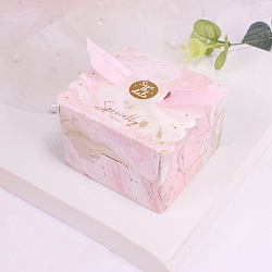 Paper Candy Boxes, with Polyester Ribbon, for Bakery Box, Baby Shower Gift Box, Square, Pink, 6.5x6.5x4.5cm(CON-TAC0005-02B)