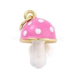 Real 18K Gold Plated Rack Plating Brass Enamel Charms, with Jump Ring, Long-Lasting Plated, Lead Free & Cadmium Free, 3D Mushroom Charm, Hot Pink, 15x10x10mm, Hole: 3mm(KK-M293-24G-01)