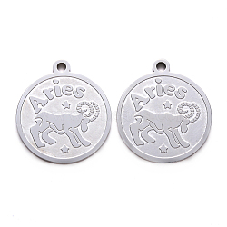 201 Stainless Steel Pendants, Flat Round with Twelve Constellation, Laser Cut, Stainless Steel Color, Aries, 25x22x1.5mm, Hole: 2mm(STAS-R106-04)