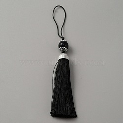 Polyester Tassel Big Pendants Decorations, with Acrylic Beaded and Platinum Alloy Findings, Black, 188mm(HJEW-TAC0019-01N)