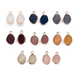 Electroplate Druzy Resin Pendants, with Iron Findings, Oval, Light Gold, Mixed Color, 17~18x10x4~4.5mm, Hole: 1mm(RESI-S366-03-M)