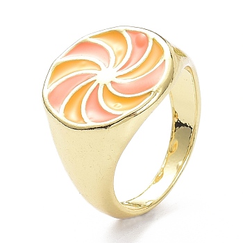 Pinwheel Pattern Alloy Enamel Finger Rings, Light Gold, Orange, 3.5~16.5mm, US Size 7 1/4(17.5mm)