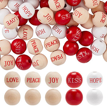 120Pcs 5 Colors Wood European Beads, Large Hole Beads, Round with Word, Mixed Color, 15~15.5mm, Hole: 4mm, 24pcs/color