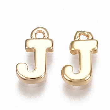 Brass Charms, Letter, Nickel Free, Real 18K Gold Plated, Letter.J, 8.5x5x1.5mm, Hole: 0.8mm