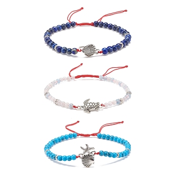 3Pcs 3 Style Natural Lapis Lazuli & Aquamarine & Synthetic Turquoise(Dyed) Braided Bead Bracelets Set, Alloy Starfish & Shell & Tortoise Link Bracelets for Women, Inner Diameter: 2-1/4~3-5/8 inch(5.6~9.2cm), 1Pc/style