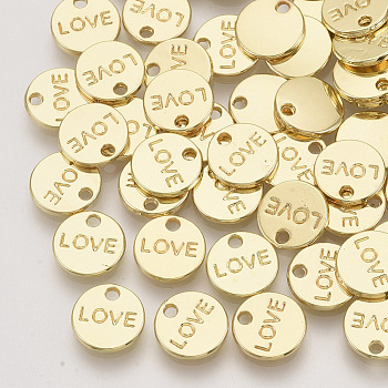 Alloy Charms, Flat Round with Word Love, Light Gold, 9x1.5mm, Hole: 1.4mm
