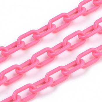 Handmade Opaque Acrylic Paperclip Chains, Drawn Elongated Cable Chains, Hot Pink, 13x7.5x2mm, 19.88 inch(50.5cm)/strand