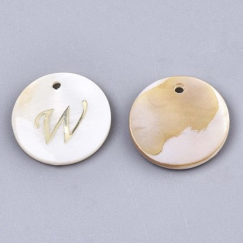 Natural Freshwater Shell Pendants, with Golden Plated Brass Etched Metal Embellishments, Flat Round with Letter, Letter.W, 15x2mm, Hole: 1.2mm