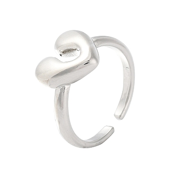 Rack Plating Brass Open Cuff Rings, Cadmium Free & Lead Free, Long-Lasting Plated, Heart, Platinum, US Size 7(17.3mm)