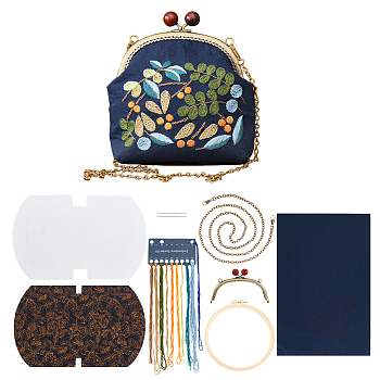 DIY Ethnic Style Embroidery Crossbody Bags Kits, Including Kiss Lock Frame with Wood Bead, Plastic Imitation Bamboo Embroidery Hoop, Bag Chain, Needle, Threads, Fabric, Instruction, Fruit