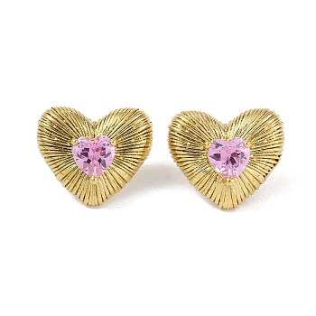 Heart 304 Stainless Steel Pearl Pink Cubic Zirconia Stud Earring for Women, Golden, 19.5x22.5mm