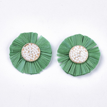 Bohemia Style Raffia Decoration Accessories, with ABS Plastic Imitation Pearl & Alloy Findings, Flat Round, Golden, Sea Green, 35.5~37.5x6.5mm