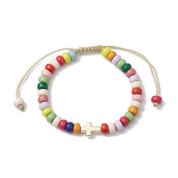 Colorful Rondelle Acrylic Braided Bead Bracelets, Cross CCB Plastic Adjustable Bracelets for Women, Golden, Inner Diameter: 2~3-1/2 inch(5~9cm)