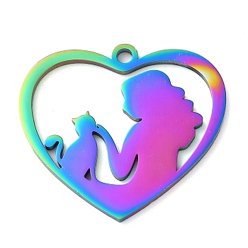 304 Stainless Steel Pendants, Heart with Women and Cat, Rainbow Color, 27x30x1.5mm, Hole: 2mm