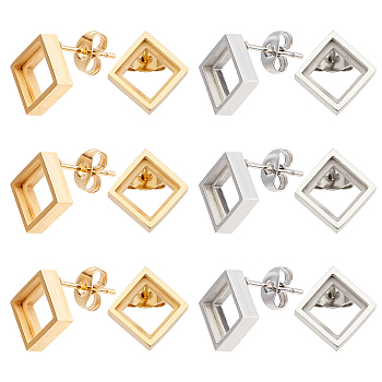 6 Pairs 2 Colors 304 Stainless Steel Stud Earring Settings, Rhombus, Golden & Stainless Steel Color, 12.2x12.2mm, Pin: 0.6mm, 3 pairs/color