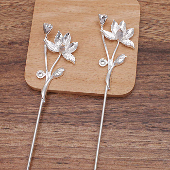 Iron Hair Stick Findings, with Alloy Cabochons Settings, Lotus, Silver, Tray: 10mm and 14x10mm, 181x34x15.5mm