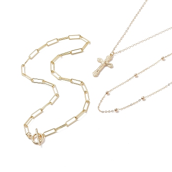 3Pcs 3 Style 304 Stainless Steel Cross Pendant Necklaces Set, Brass Paperclip & Satellite & Cable Chains Necklaces for Women, Golden, 15.9~19.5 inch(40.5~49.5cm), 1Pc/style