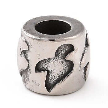 304 Stainless Steel European Beads, Large Hole Beads, Column with Bird, Antique Silver, 10x10mm, Hole: 6mm