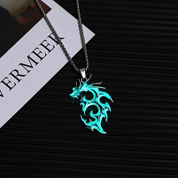 Stainless Steel Box Chain Necklaces, Luminous Dragon Flame Pandant Necklace, Turquoise, 23.62 inch(60cm)