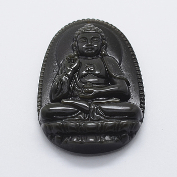 Carved Natural Obsidian Big Pendants, Buddha, 53x34x9mm, Hole: 1.5mm