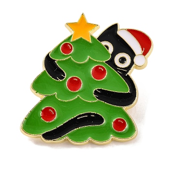 Christmas Theme Black Cat with Christmas Tree Enamel Pins, Golden Alloy Brooches for Backpack Clothes, Lime Green, 30x28x2mm