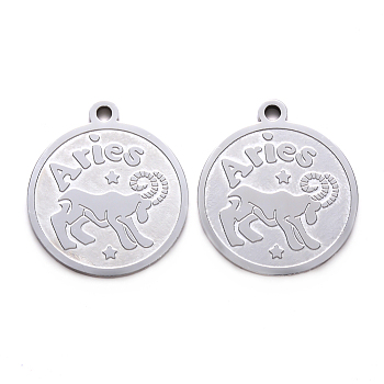 201 Stainless Steel Pendants, Flat Round with Twelve Constellation, Laser Cut, Stainless Steel Color, Aries, 25x22x1.5mm, Hole: 2mm