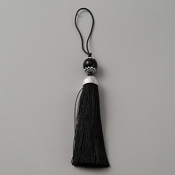 Polyester Tassel Big Pendants Decorations, with Acrylic Beaded and Platinum Alloy Findings, Black, 188mm