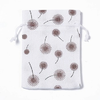 Burlap Packing Pouches Drawstring Bags, Rectangle, White, Flower, 13.5~14x10x0.35cm