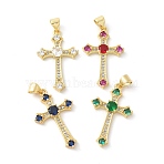 Brass Micro Pave Cubic Zirconia Pendants, Cross Charms, Rack Plating, Cadmium Free & Lead Free, Long-Lasting Plated, Real 18K Gold Plated, Mixed Color, 27x16.5x3.5mm, Hole: 4x3.5mm(KK-P294-07G)
