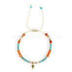 Bohemian Natural Mixed Gemstone Round Beads Braided Beaded Bracelets, Brass Cross Charm Bracelets for Women, Inner Diameter: 11 inch(28cm)(MK7779-1)