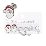 3 Pairs 3 Styles Christmas 304 Stainless Steel Hoop & Studs Earrings Set for Women, with Enamel & Cubic Zirconia, Stainless Steel Color, Santa Claus, 6~12x6~9.5mm, 1 pair/style(EJEW-K279-12B-P)