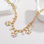 304 Stainless Steel Enamel Colorful Flower Pendant Necklaces for Women, Golden, 16.14 inch(41cm)(SA-CBA065A-04G)