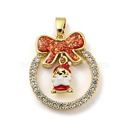 Christmas Brass Micro Pave Cubic Zirconia Pendant, with Enamel and Synthetic Opal, Christmas Wreath, FireBrick, 25.5x22.5x5.5mm, Hole: 5x3mm(KK-H468-01E-01G)