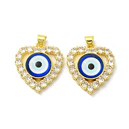 Real 18K Gold Plated Brass Pendants, with Glass and Acrylic, Heart with Evil Eye Charms, Dark Blue, 26x22.5x7mm, Hole: 4.5x3.5mm(KK-L209-005G-09)