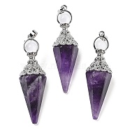 Natural Amethyst Faceted Cone Big Pendants, with Rack Plating Alloy Findings, Platinum, 61x18.5x17mm, Hole: 8x5mm(G-P552-04P-05)