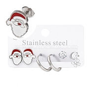 3 Pairs 3 Styles Christmas 304 Stainless Steel Hoop & Studs Earrings Set for Women, with Enamel & Cubic Zirconia, Stainless Steel Color, Santa Claus, 6~12x6~9.5mm, 1 pair/style(EJEW-K279-12B-P)