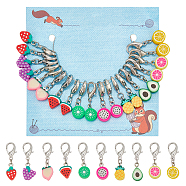 20Pcs 10 Styles Fruit Handmade Polymer Clay Pendant Stitch Markers, Crochet Leverback Hoop Charms, with Alloy Lobster Claw Clasps, Mixed Color, 3.2~3.3cm, 2pcs/style(HJEW-NB00048)