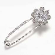 Brass Micro Pave Cubic Zirconia Safety Brooch, Flower, Clear, Platinum, 58x21mm, Pin: 1.5mm(JEWB-I010-06P)