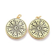 5Pcs Brass Enamel Pendants, with Jump Ring, Long-Lasting Plated, Flat Round with Sun, Black, Real 18K Gold Plated, 22x20x3mm, Jump Ring: 5x1mm, 3mm Inner Diameter(KK-SZ0004-35)
