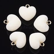 Flocky Acrylic Pendants, with Brass Loops, Heart, Golden, Creamy White, 18.5x18x13mm, Hole: 2.5mm(FIND-T046-28-08)