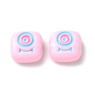 Spray Painted Alloy Enamel Beads, Square with Eye, Pink, 10x10x4mm, Hole: 1.8mm(PALLOY-M215-15N)
