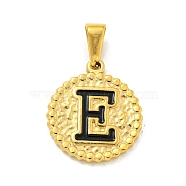Ion Plating(IP) 304 Stainless Steel Enamel Pendants, Golden, Flat Round with Letter Charm, Letter E, 21x18x2mm, Hole: 8x3.5mm(STAS-R231-19E-G)
