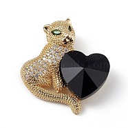 Real 18K Gold Plated Rack Plating Brass Micro Pave Clear Cubic Zirconia Pendants, with Glass, Long-Lasting Plated, Cadmium Free & Lead Free, Leopard with Heart Charm, Black, 24x22x8mm, Hole: 5x3mm(KK-C015-14G-03)