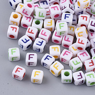White Opaque Acrylic Beads, Horizontal Hole, Cube with Mixed Color Letter, Letter.F, 5x5x5mm, Hole: 2mm, about 5000pcs/500g(MACR-R869-01F)