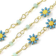 Enamel Flower Link Chains, with Glass Seed Beaded and Real 18K Gold Plated Brass Chain, Soldered, with Spools, Long-Lasting Plated, Cadmium Free & Lead Free, Cornflower Blue, 13x7x1.6mm(CHC-C006-01G)
