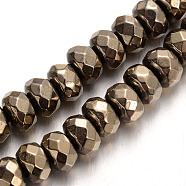 Electroplated Non-magnetic Synthetic Hematite Bead Strands, Faceted Rondelle, Imitation Pyrite, 6x4mm, Hole: 1mm, about 101pcs/strand, 15.7 inch(G-E304-24-6x4mm)